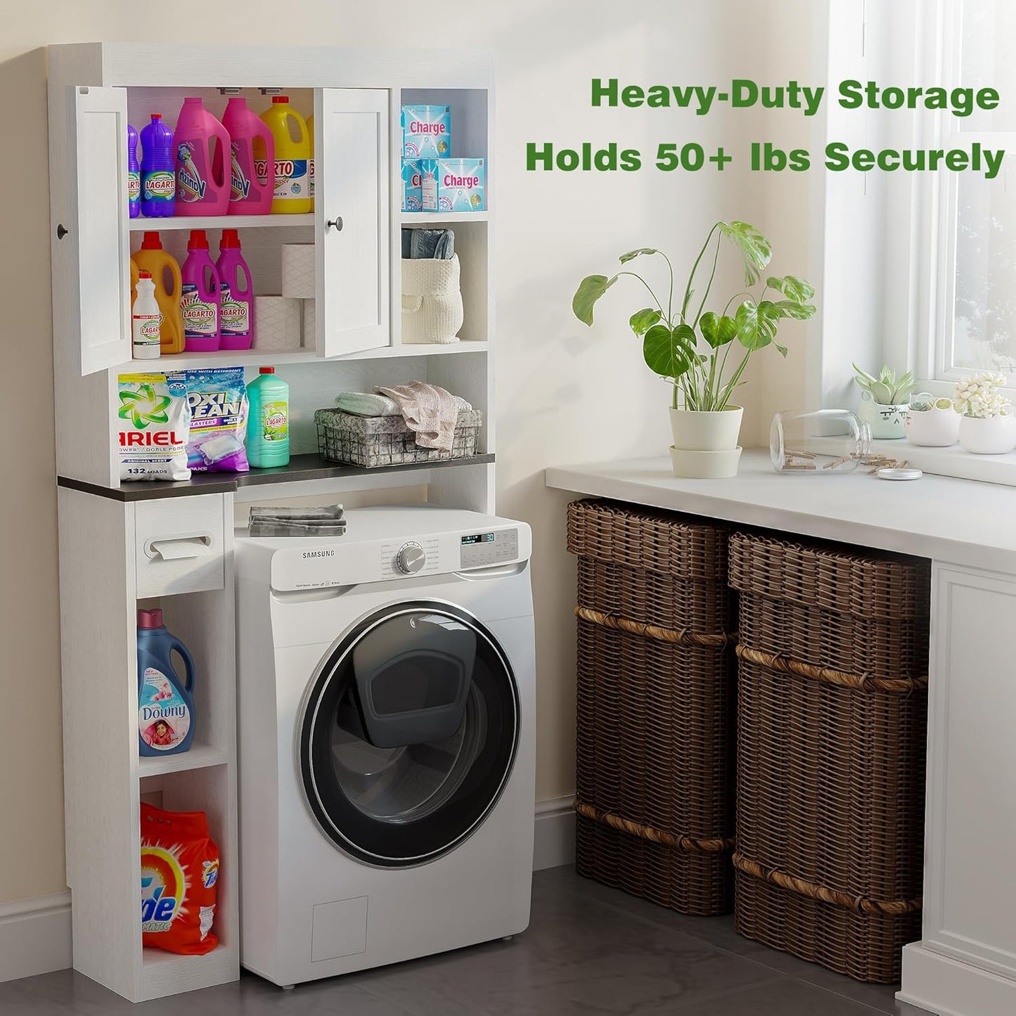 Over the Toilet Storage Cabinet with 7 Shelves, Imitation Walnut Grain above Toilet Bathroom Organizer with Toilet Paper Holder Stand, Space Saver for Restroom, Bathroom, Laundry (White)