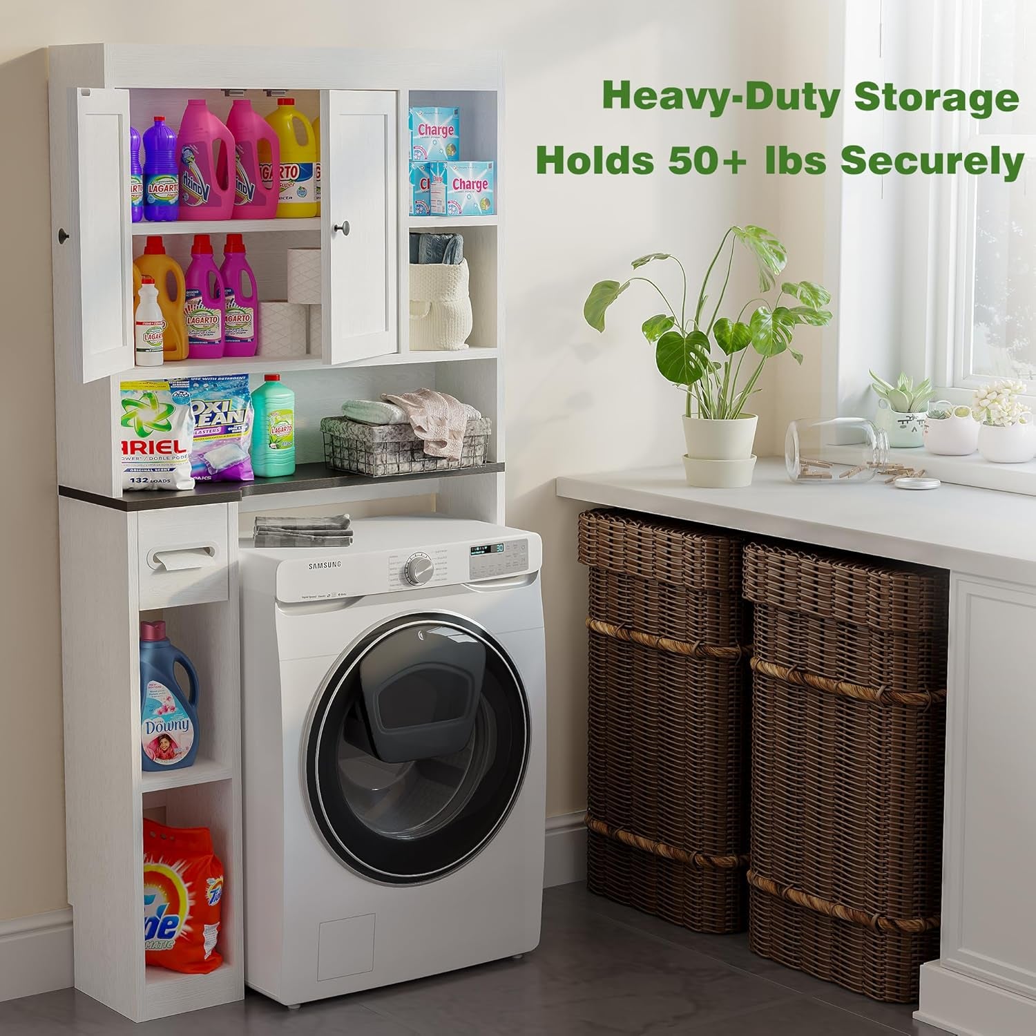 Over the Toilet Storage Cabinet with 7 Shelves, Imitation Walnut Grain above Toilet Bathroom Organizer with Toilet Paper Holder Stand, Space Saver for Restroom, Bathroom, Laundry (White)