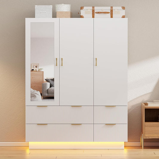Armoire Wardrobe Closet with 3 Door, Bedroom Armoires with Mirror and LED Lights, Hanging Rod, Drawers, Large Capacity Storage Wardrobe Armoire for Bedroom