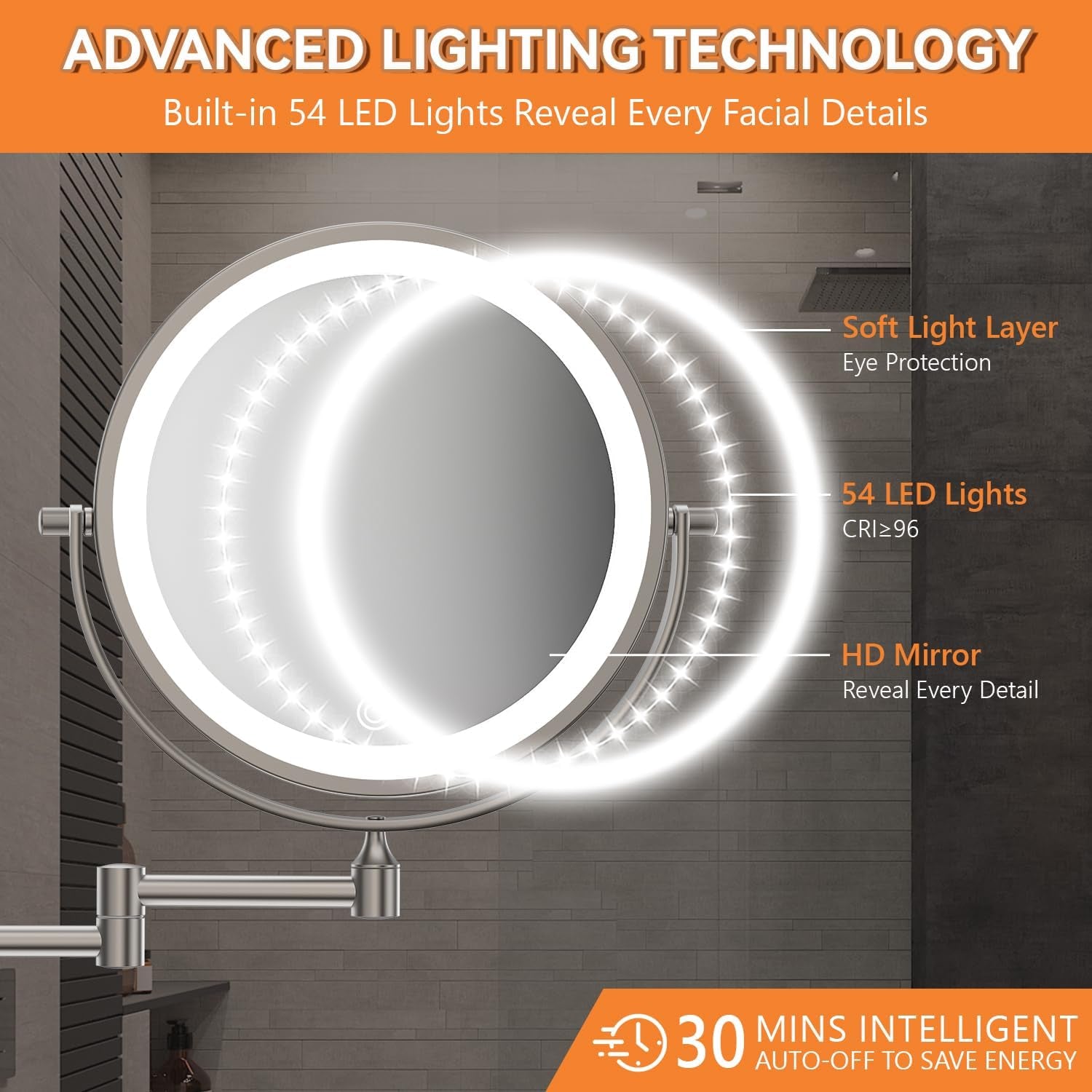 1X/30X Wall Mounted Lighted Makeup Mirror, 8" 3200 Mah Rechargeable Double-Sided Magnifying Mirror, Touch Dimmable 3 Color Lights, 360° Rotating Foldable 14.5" Extension Arm, Brushed Nickel