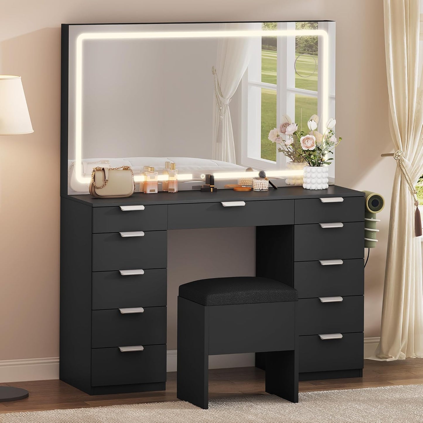 46'' Vanity Desk with Large LED Lighted Mirror & Charging Ports, 11-Drawer Makeup Table Set with Storage Stool for Dressing Room, 3 Lighting Modes Brightness Adjustable, Black Finish