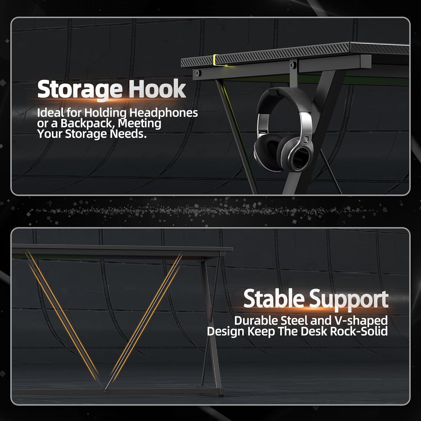 Gaming Desk with Power Outlets & LED 40 Inch Ergonomic Computer Carbon Fiber Surface Gamer Desk, PC Workstation with Headphone Hook for Bedroom, Kids Desk Gift for Boys, Black