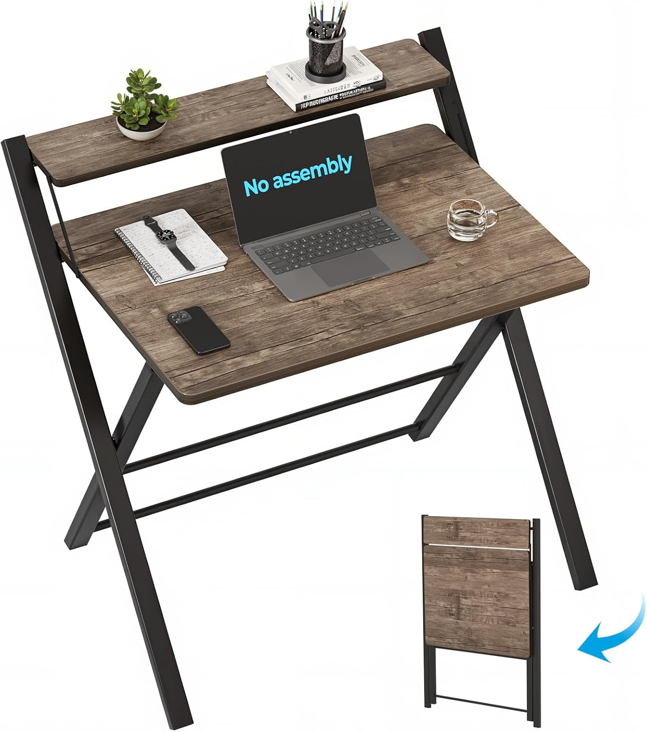 Folding Desk No Assembly Required Large Size, 2-Tier Foldable Computer Desk with Shelf for Home Office, Space Saving Portable Laptop Study Foldable Table for Bedroom, White