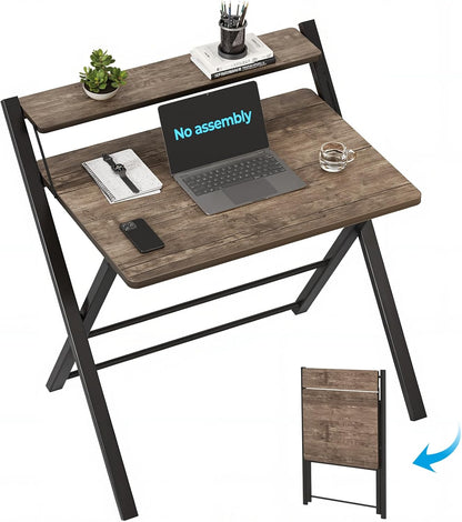 No Assembly Folding Desk, 2-Tier Compact Computer Desk with Shelf, Space Saving Foldable Table for Home Office, Dorm or Apartment, Portable Collapsible Sturdy Laptop Desk, Black
