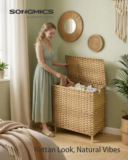 3-Section Laundry Hamper with Lid, 42.2 Gal (160L) PE Rattan Laundry Basket with Removable Washable Liners, for Bedroom & Living Room, Goose Yellow ULCB223YE01