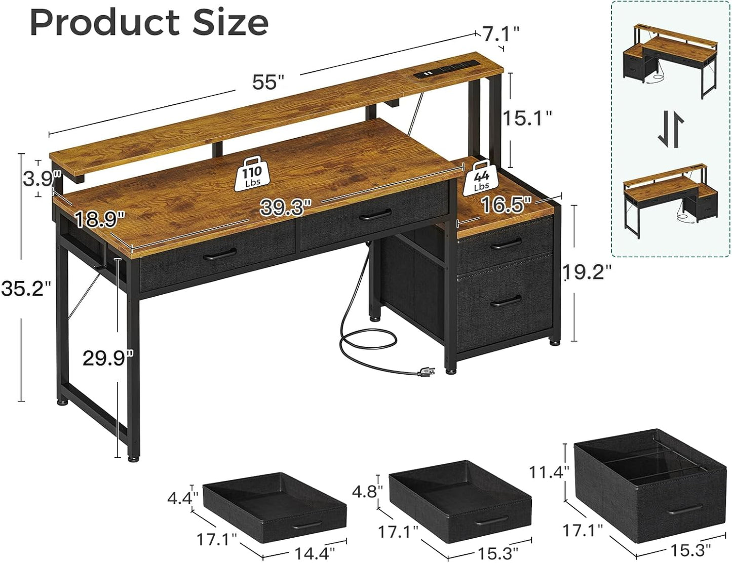Computer Desk with 4 Drawers, 55 Inch Office Desk with Printer Shelf & Built-In Power Outlet, Work Desk with Monitor Shelf for Home Small Spaces, Rustic Brown