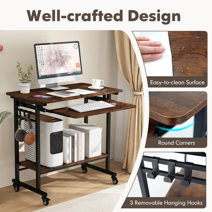Rolling Computer Desk Cart with Keyboard Tray, Mobile Portable Laptop PC Desk with CPU Stand & 3 Hooks for Sofa & Bed, Industrial Small Desk on Wheels for Small Spaces, Home Office Desk