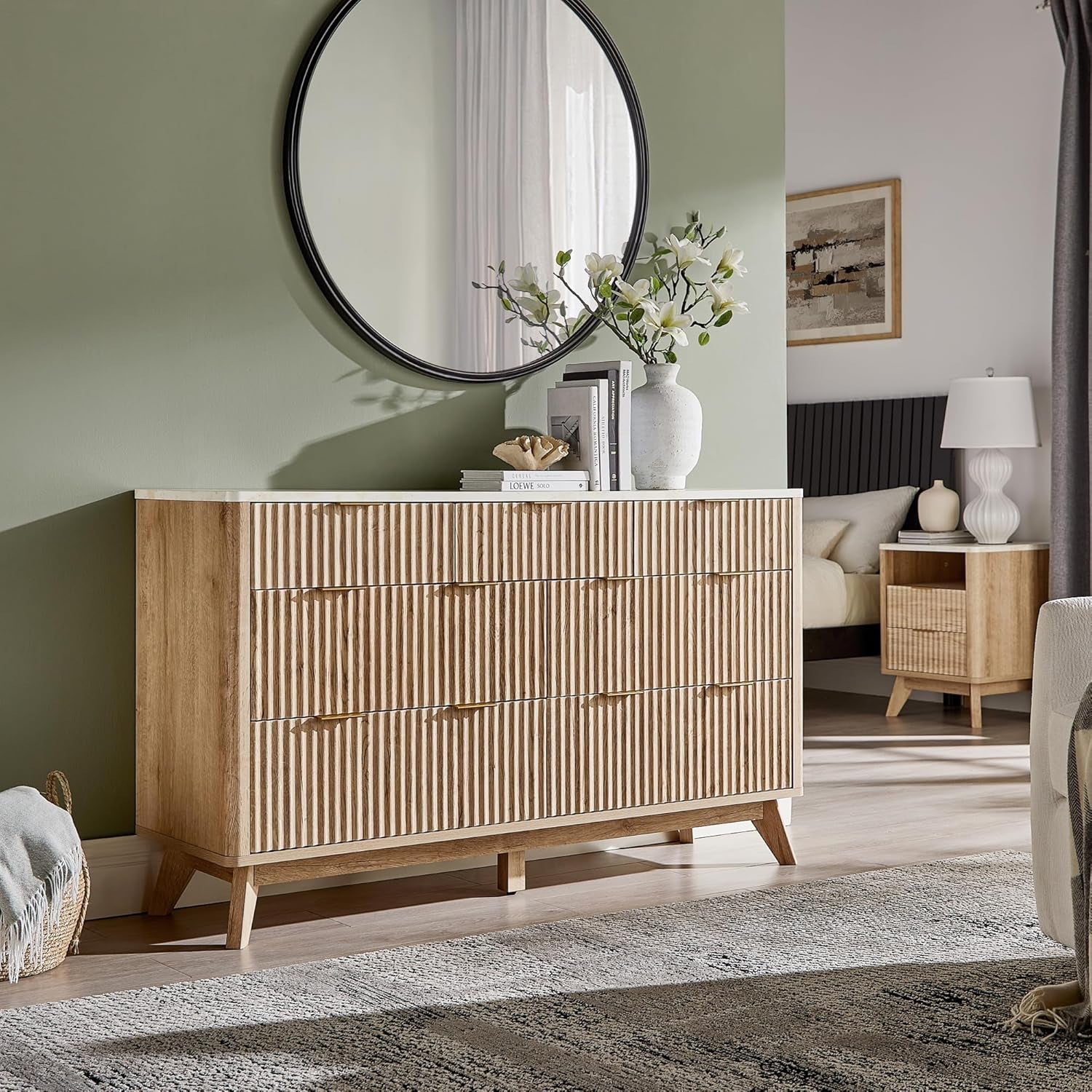 Fluted 7 Drawers Dresser, 54" Wide Modern Chest of Drawers with Faux Marble Top, Curved Profile Design, Dresser TV Stand, Wood Drawer Organizer for Bedroom, Living Room, Hallway, Natural Oak