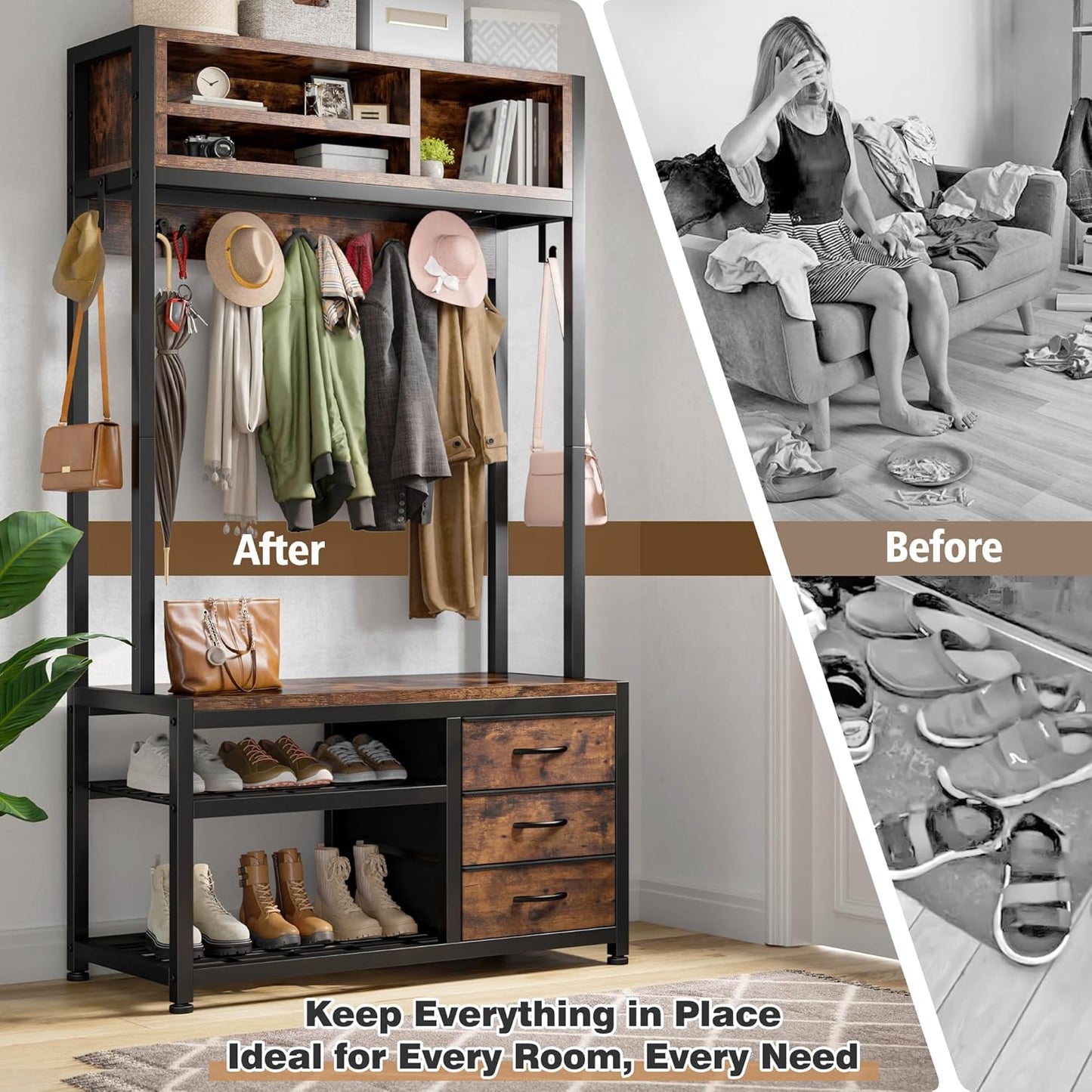 Hall Tree with Bench and Shoe Storage, Coat Rack Freestanding with 3 Fabric Drawers, Entryway Bench with Shoe Storage, Hall Tree with 12 Hooks for Hallway