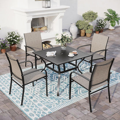5 Piece Patio Dining Set for 4, 37”X37” Square Table with Umbrella Hole, 4 Metal Brown Chairs, Outdoor Table and Chairs Set for Lawn Backyard and Deck