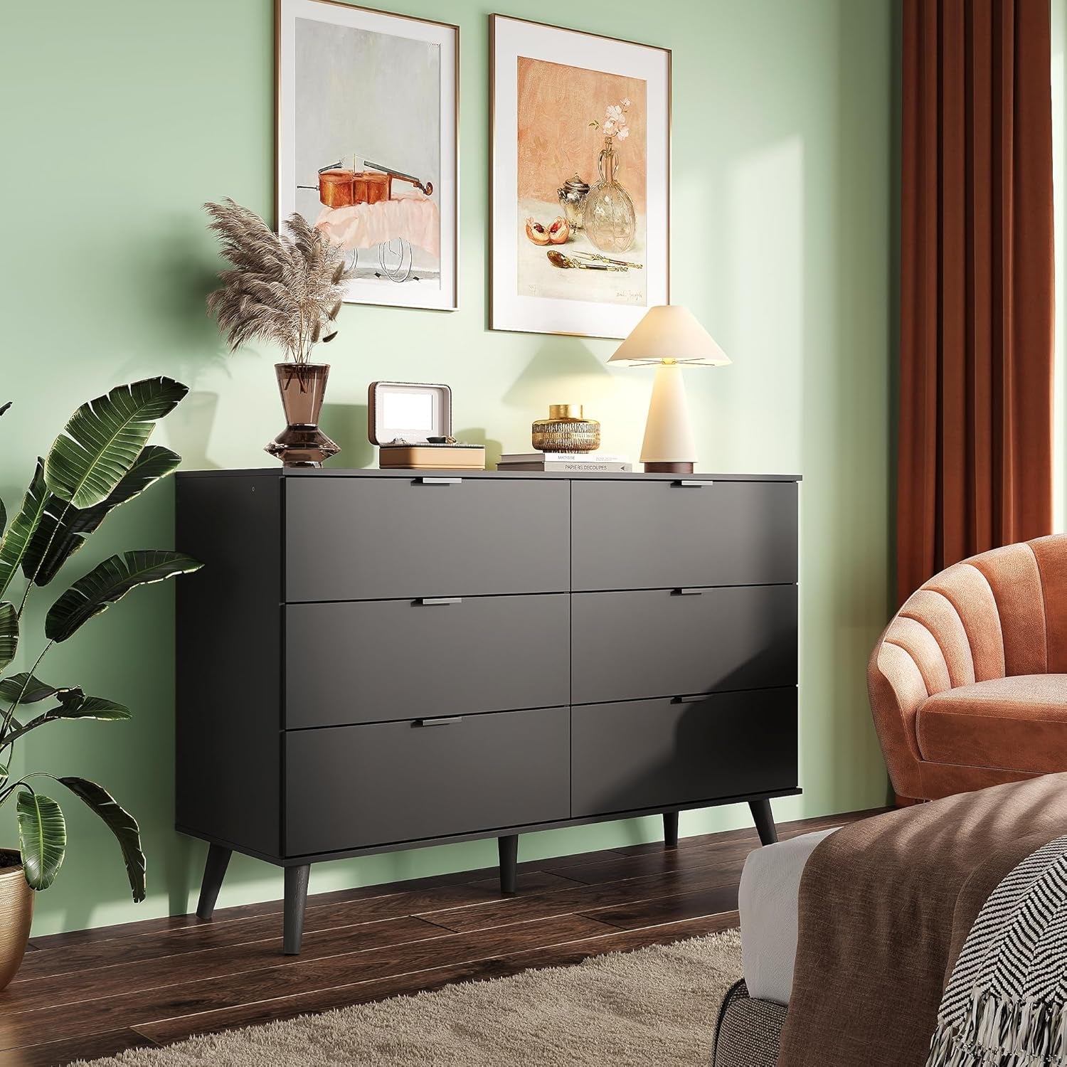 Black Dresser for Bedroom, 47.24'' Wide 6 Drawer Wood Dresser Storage Organizer with Sturdy Metal Handle, TV Stand for 55 Inch TV, Chest of Drawers for Living Room, Hallway, Closet