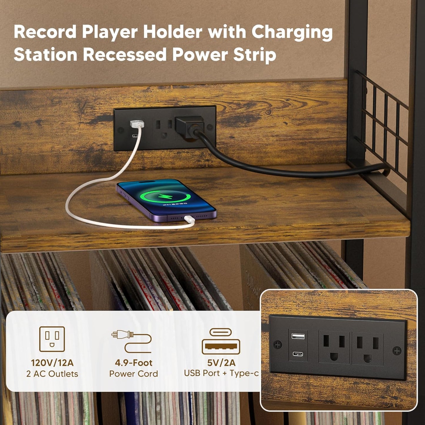 Record Player Stand with Charging Station, 3 Tier Turntable Stand with Storage Cabinet, Vinyl Storage End Table Hold up to 200 Albums, Record Table for Vinyl, Living Room, 23.6" W X 15.7" D