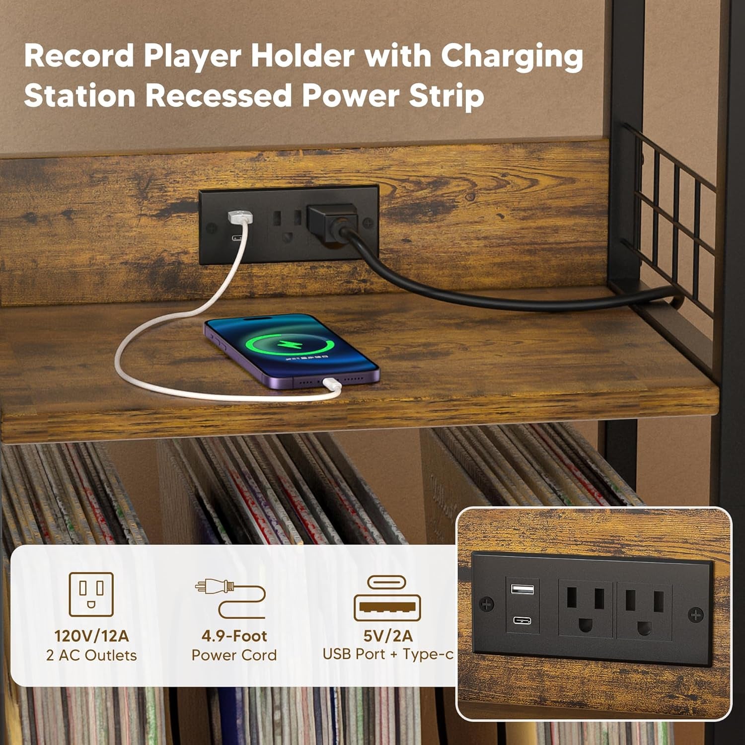 Record Player Stand with Charging Station, 3 Tier Turntable Stand with Storage Cabinet, Vinyl Storage End Table Hold up to 200 Albums, Record Table for Vinyl, Living Room, 23.6" W X 15.7" D