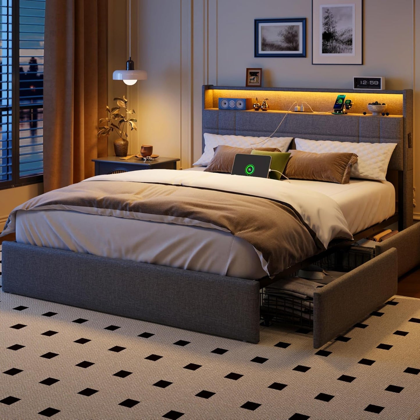 Queen Bed Frame with 4 Drawers and Storage Headboard, Grey Upholstered Platform Bed Frame Queen Size with Charging Station and LED Lights, Metal Slats Support, No Box Spring Needed