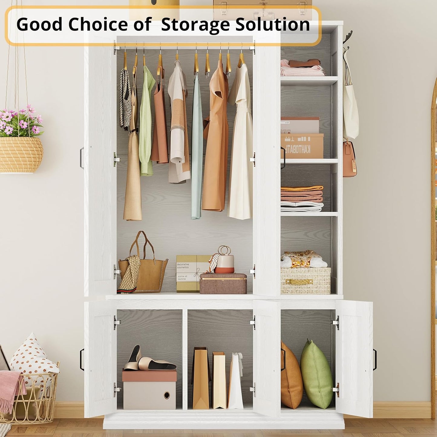 Armoire Wardrobe Closet 70" H, 5 Doors Bedroom Wooden Wardrobe with 4 Storage Shelves and Hanging Rod, Clothing Storage Cabinet Organizer Combination, White