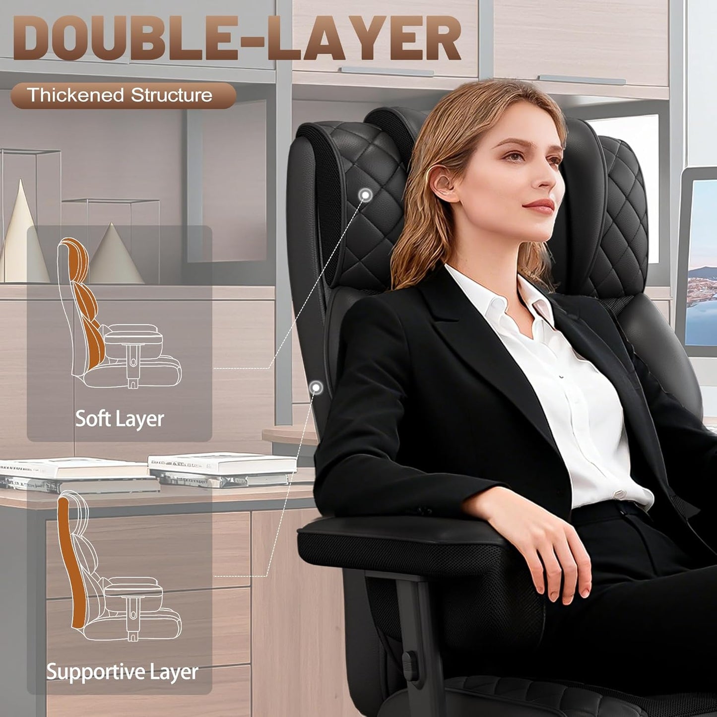 Big and Tall Office Chair, Computer Chair with Soft Adjustable Armrests, Ergonomic High Back Gaming Chair with Lumbar Support, Executive Chairs with Footrest (PU Leather + Mesh Fabric,Black)
