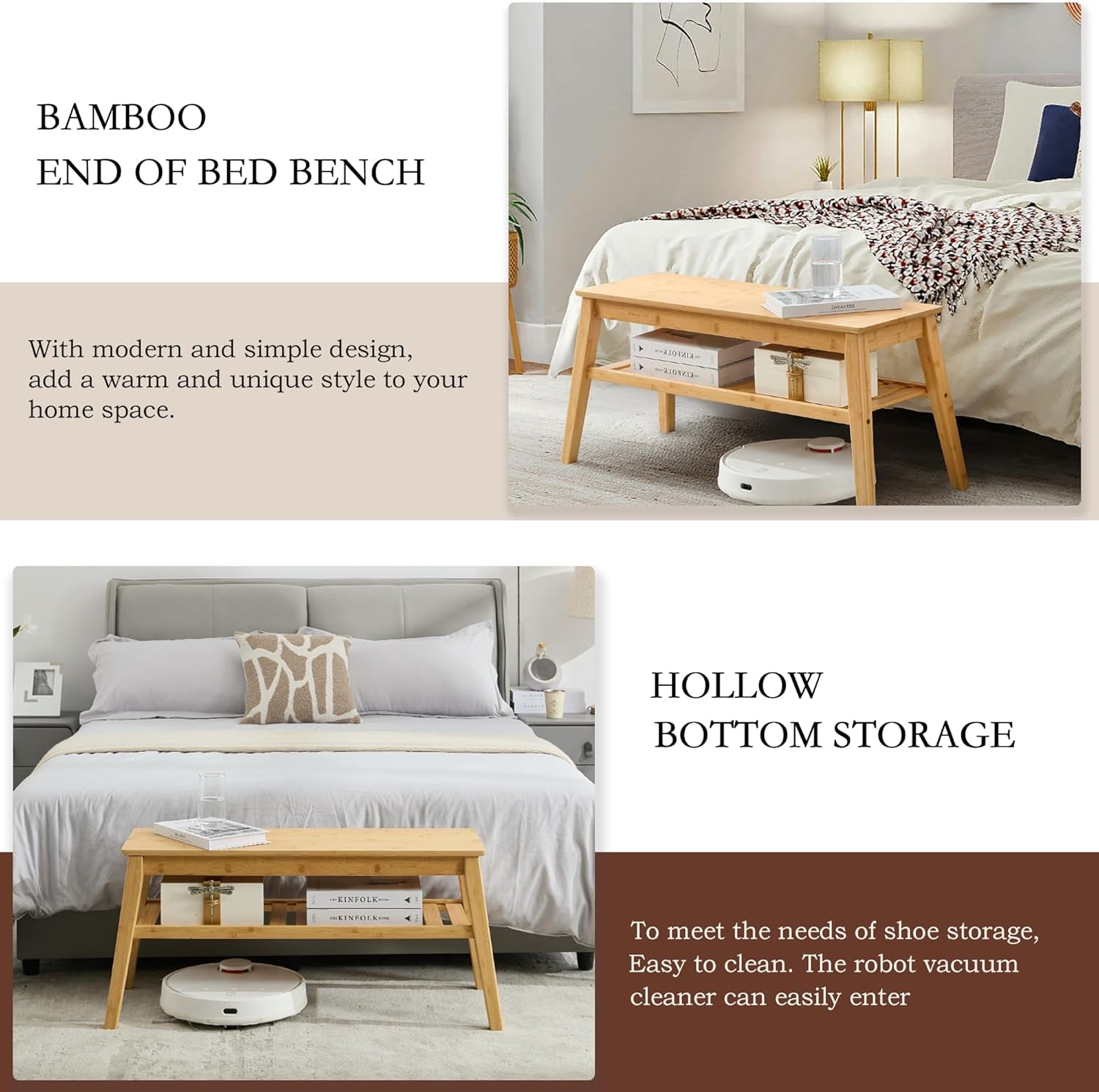 Bamboo Dining Bench, 33.46" Indoor Storage Bench, Small Wood Benches for Entryway, Living Room, Bedroom, Hallway, Outdoor Wooden Bench, Holds up to 300Lbs