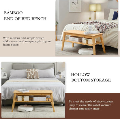Bamboo Dining Bench, 33.46" Indoor Storage Bench, Small Wood Benches for Entryway, Living Room, Bedroom, Hallway, Outdoor Wooden Bench, Holds up to 300Lbs