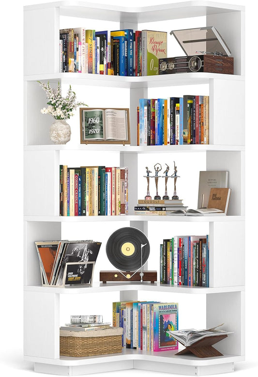 Corner Book Shelf - 6 Tier Corner Bookshelf Etagere Bookcase with Baffle, Freestanding L Shaped Display Shelf Stand for Home Office, Living Room, Bedroom, Kitchen, White