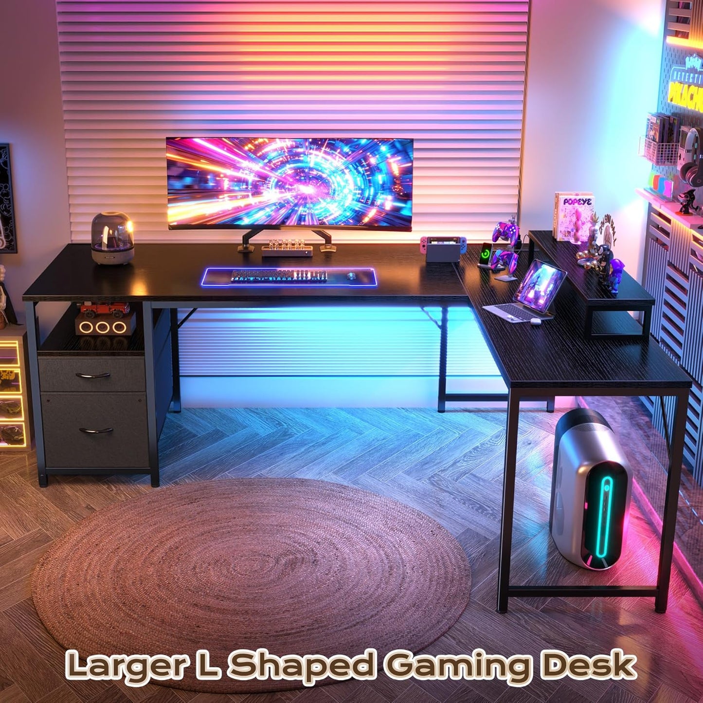 55 Inch L Shaped Desk with Power Outlets and USB-C Port, Computer Corner Home Office Desk with File Fabric Drawers and Movable Monitor Stand, Larger Storage for Gaming, Work, Black