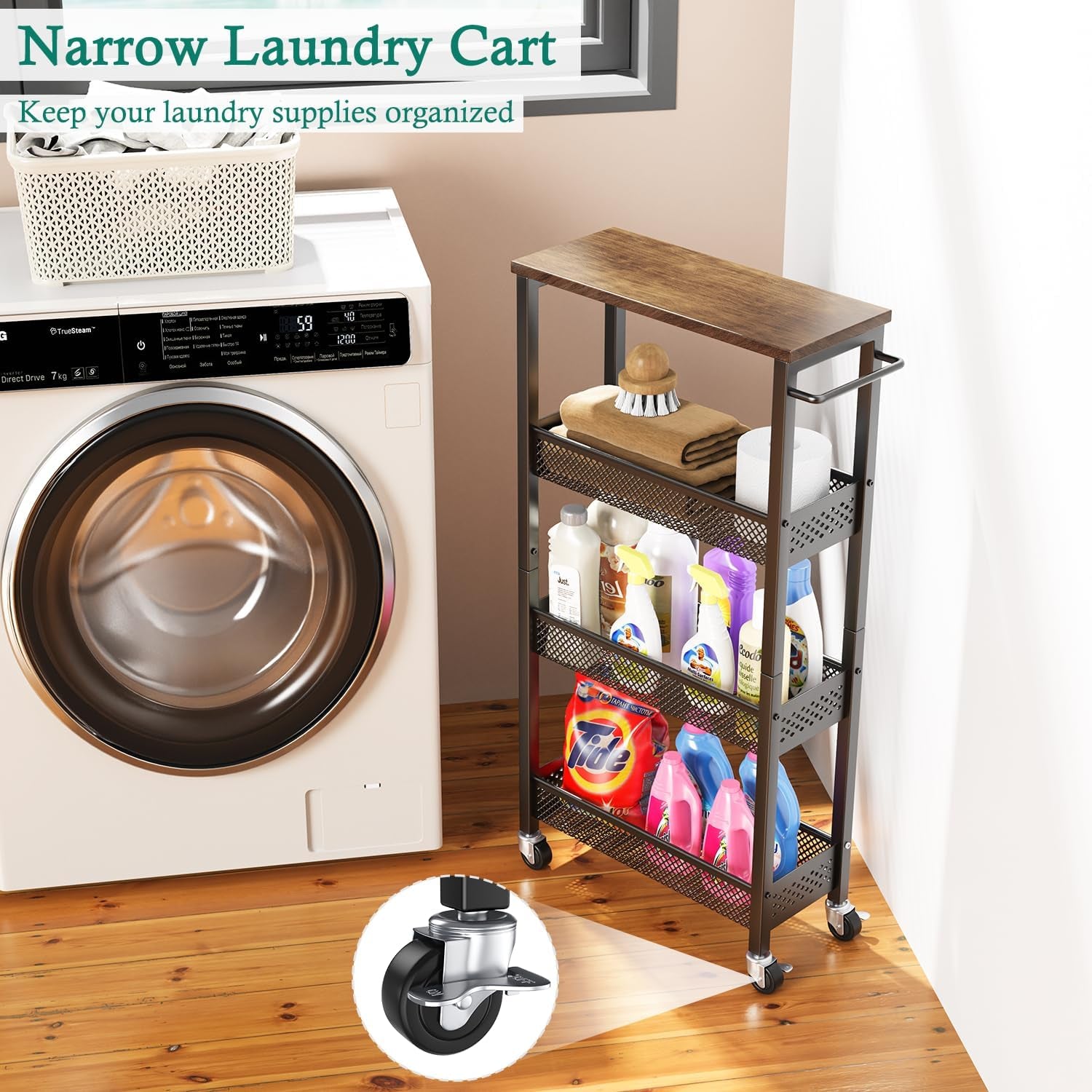 Slim Storage Cart 4 Tier Narrow Kitchen Rolling Cart on Wheels for Small Space, Mobile Utility Cart Shelving Unit with Wooden Top and Metal Handle for Kitchen, Bathroom, Laundry Room