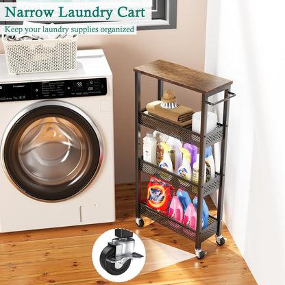 Slim Storage Cart 4 Tier Narrow Kitchen Rolling Cart on Wheels for Small Space, Mobile Utility Cart Shelving Unit with Wooden Top and Metal Handle for Kitchen, Bathroom, Laundry Room
