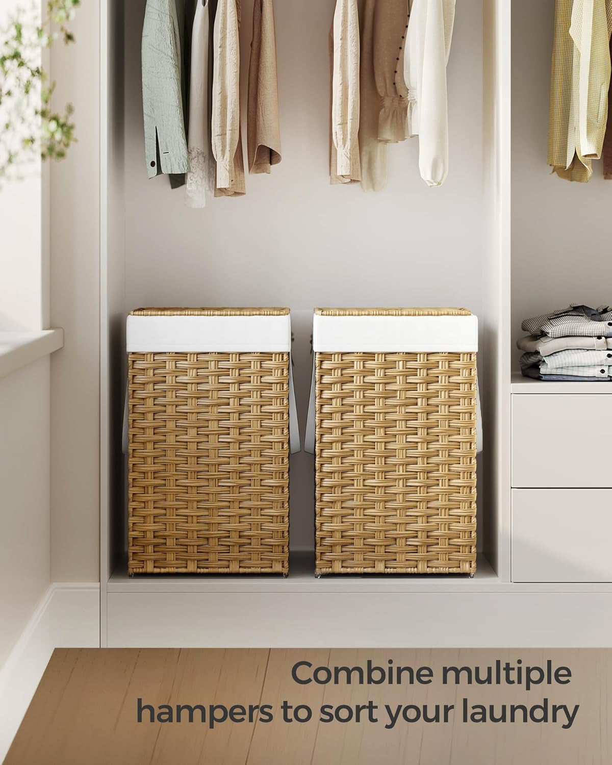 Laundry Hamper with Lid, 17.2 Gallon (65 L) Synthetic Rattan Clothes Laundry Basket with Lid and Handles, Foldable, Removable Liner, Goose Yellow ULCB165N01