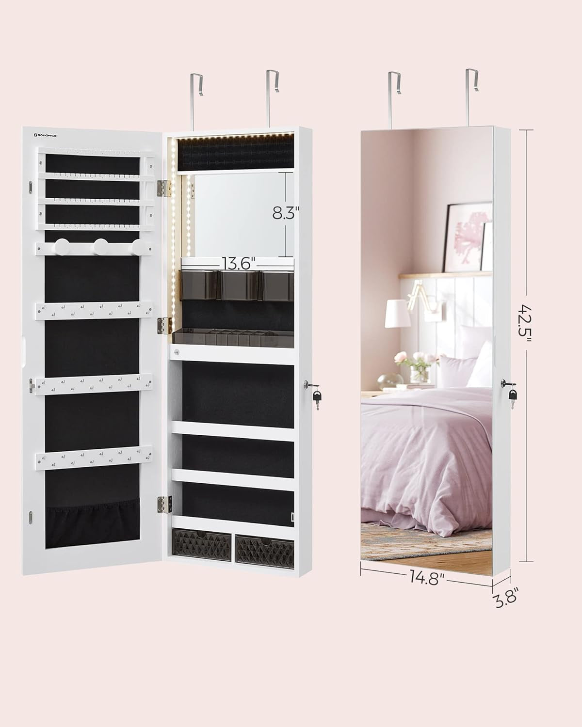 Mirror Jewelry Cabinet Armoire Organizer, Wall or Door Mount Storage Cabinet with Full-Length Frameless Lighted Mirror, Built-In Makeup Mirror, 2 Drawers, Lockable, White UJJC013W01