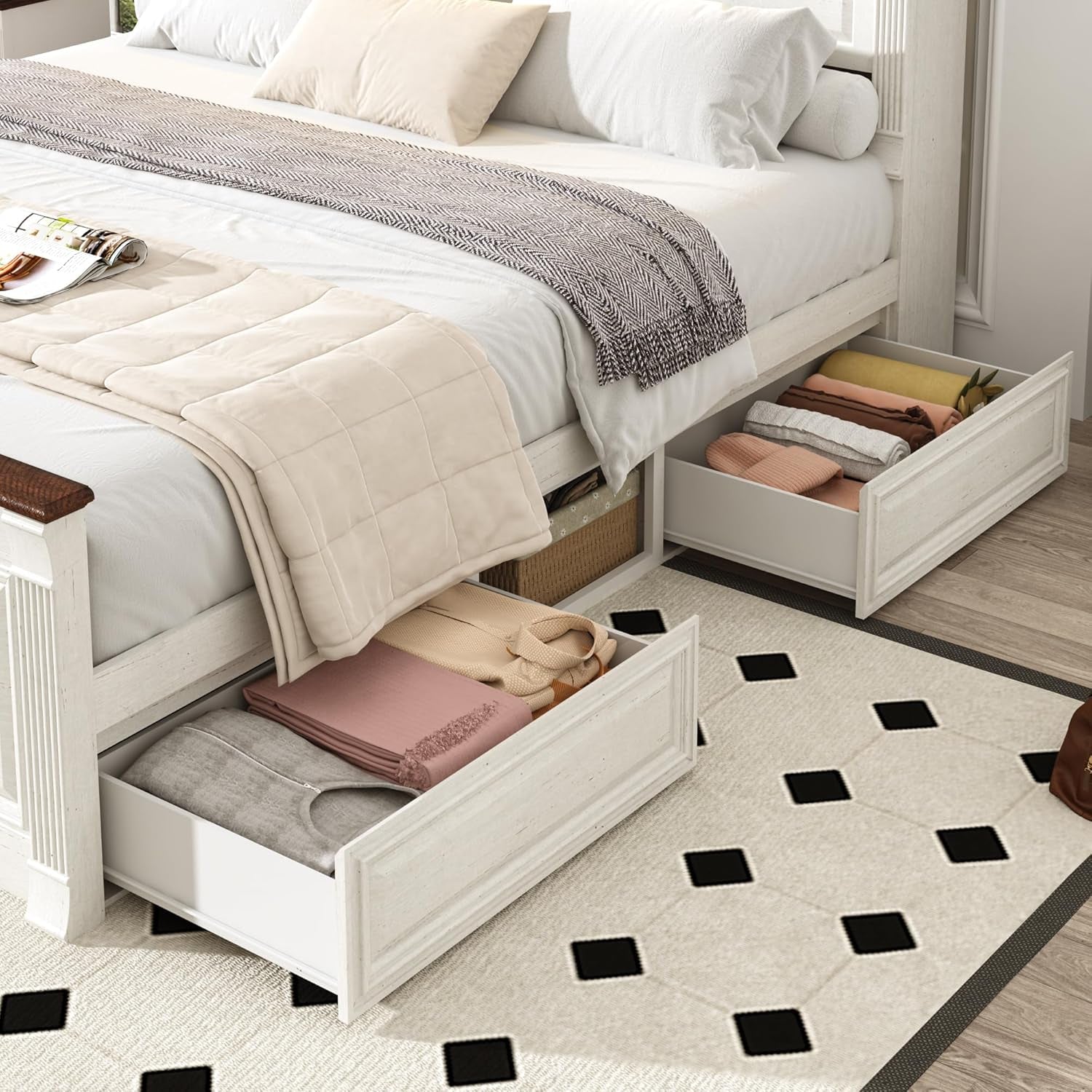 Farmhouse King Size Bed Frame with 55" Tall Storage Headboard & 4 Drawers, Wood Roman Column Platform Bed Frame with 24" Tall Footboard, LED Light, Charging Station, No Spring Needed, Antique White