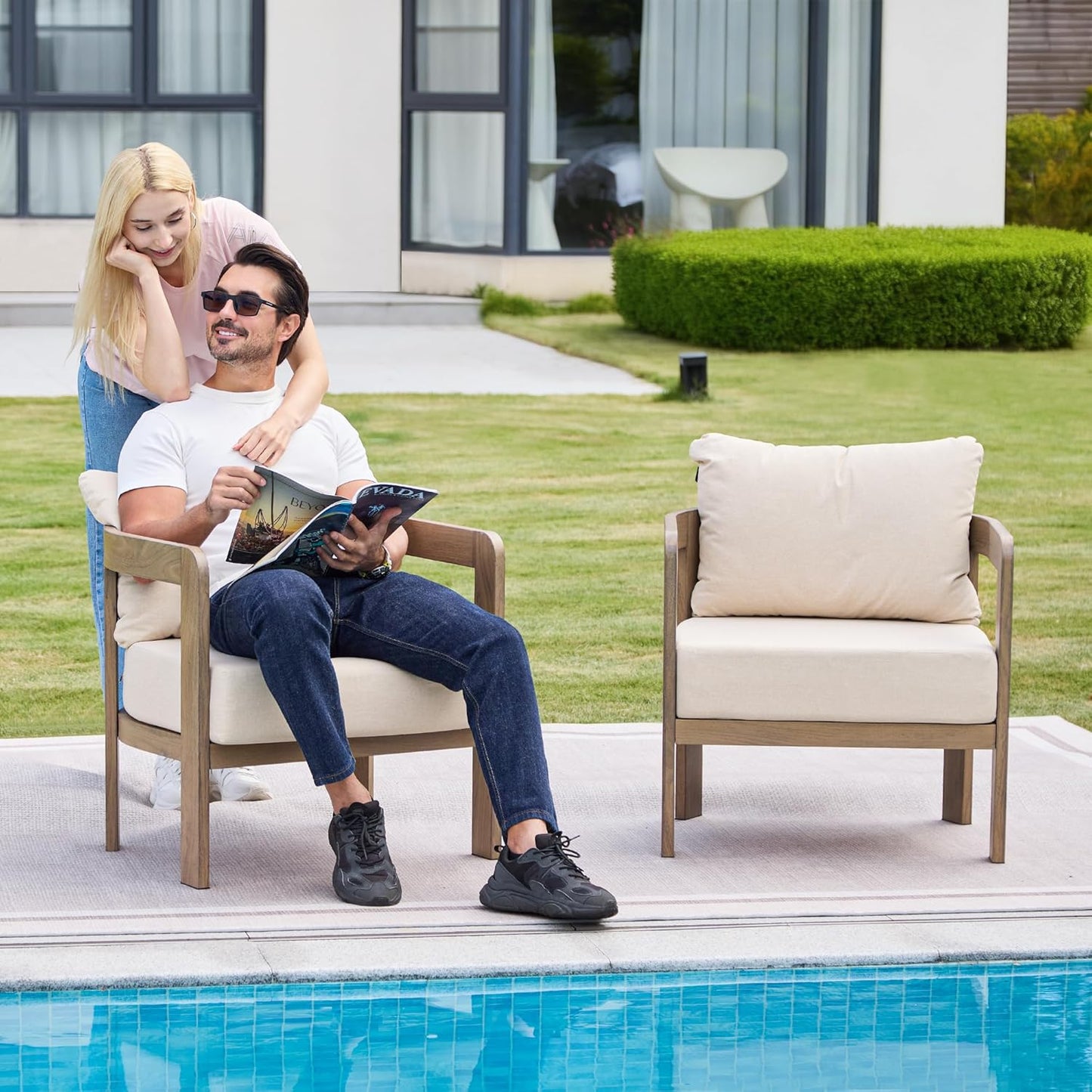 Outdoor Furniture Set, 2Pcs Patio Armchairs, Metal Modern outside Furniture with 6'' Thick Cushions, Outdoor Conversation Set Balcony Chairs for Backyard, Porch,Deck, Beige