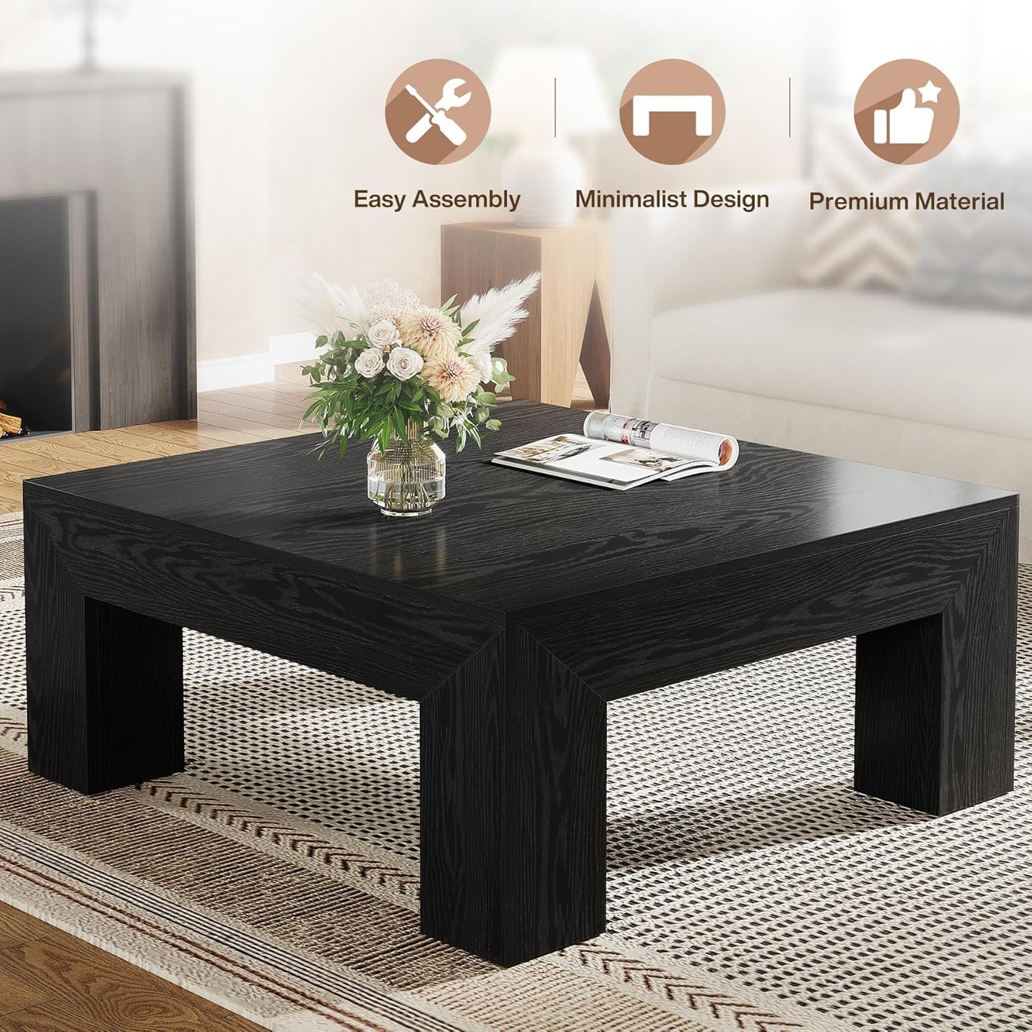 39.4-Inch Square Coffee Table for Living Room, Farmhouse All MDF Accent Center Cocktail Table with Sturdy Wooden Legs, Easy Assembly, Black
