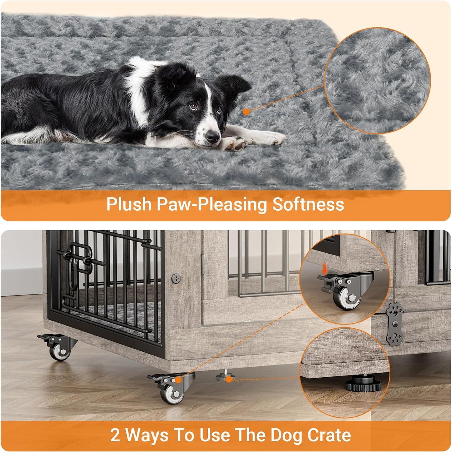 Large Dog Crate Furniture, 38'' Wooden Dog Crate End Table, Double Door Dog Kennel Indoor with Cushion & Wheels, Decorative Dog Cage House Chew-Resistant for Large/Medium, Grey