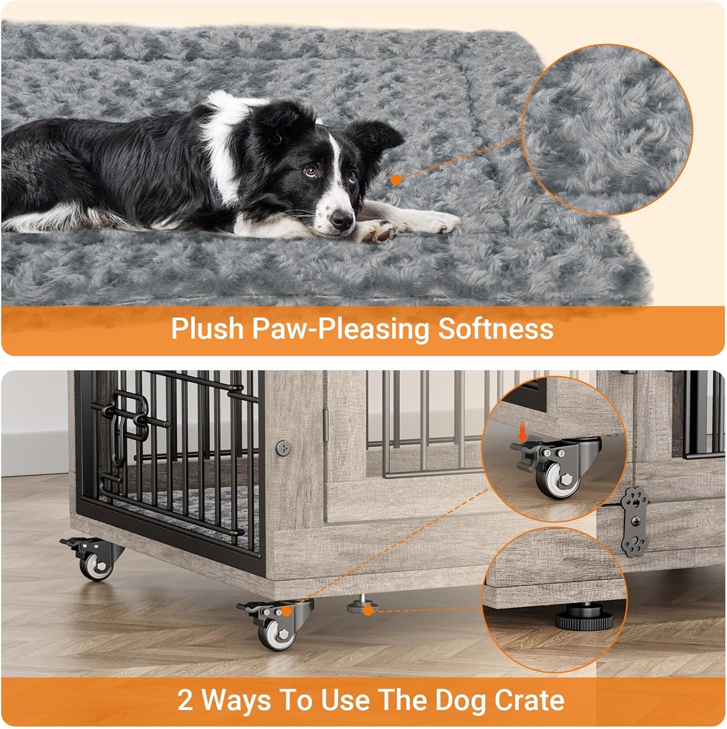 Large Dog Crate Furniture, 38'' Wooden Dog Crate End Table, Double Door Dog Kennel Indoor with Cushion & Wheels, Decorative Dog Cage House Chew-Resistant for Large/Medium, Grey