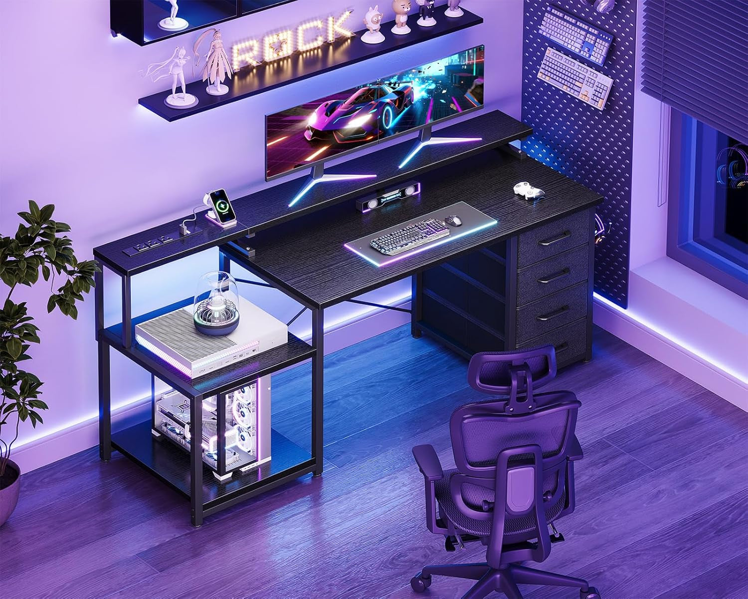 55 Inch Computer Gaming Desk with Power Outlets & 4 Drawers, Home Office Desk with Monitor Stand & Printer Shelves, Black