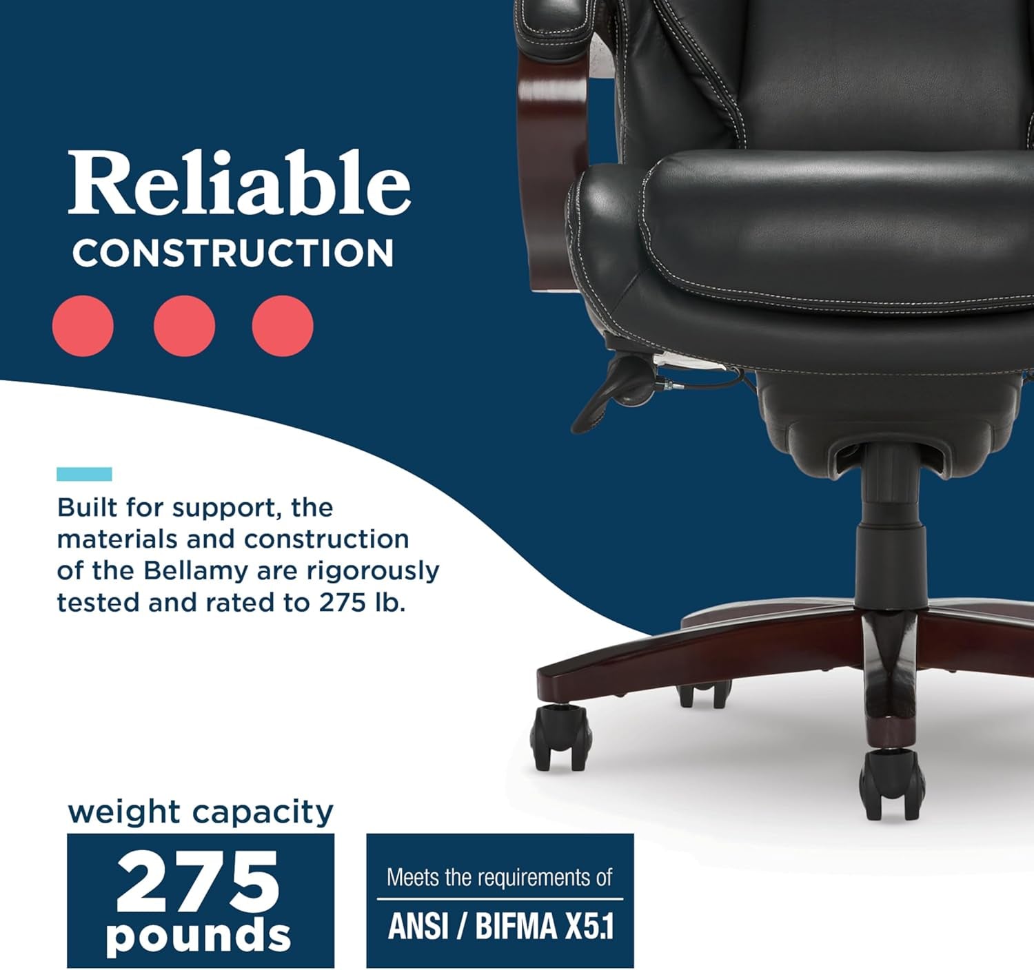 ® Bellamy Executive Office Chair with Memory Foam Cushions, Real Wood Arms and Swivel Base, Waterfall Seat Edge, Faux Bonded Leather, Black