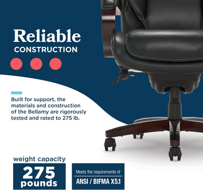 ® Bellamy Executive Office Chair with Memory Foam Cushions, Real Wood Arms and Swivel Base, Waterfall Seat Edge, Faux Bonded Leather, Black