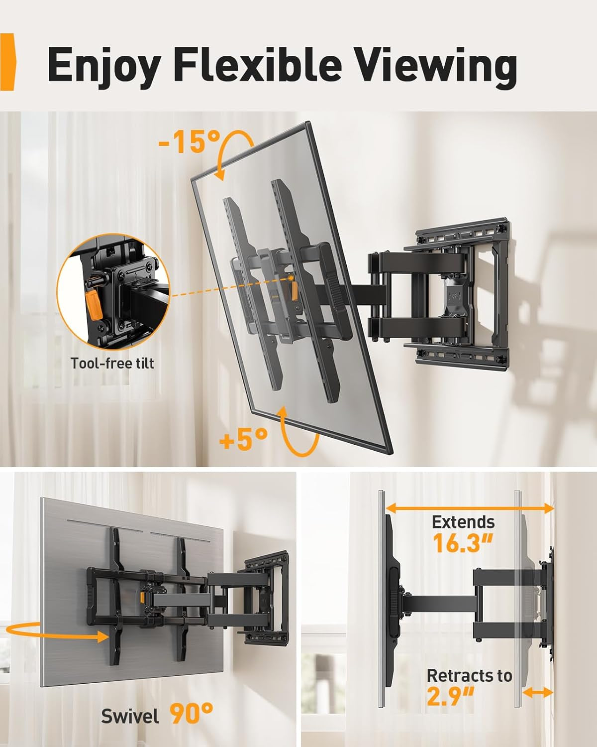 Ul-Listed Full Motion TV Wall Mount for 40–86 Inch Flat Curved Tvs up to 132 Lbs, 12″/16″ Wood Studs, TV Mount Bracket with Tool-Free Tilt, Swivel, Extension, Max VESA 600 X 400Mm, PGLF15