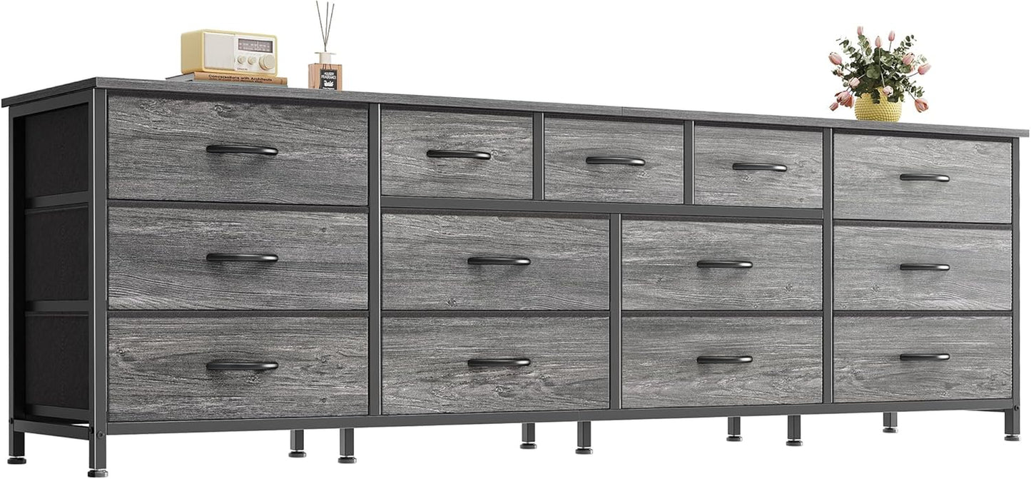 70 Inch Dresser for Bedroom, TV Stand for 65, 75, 80 Inch TV, 13 Fabric Drawer Long Dresser, Large Entertainment Center for Bedroom, Wide Chest of Drawer with Storage, Grey