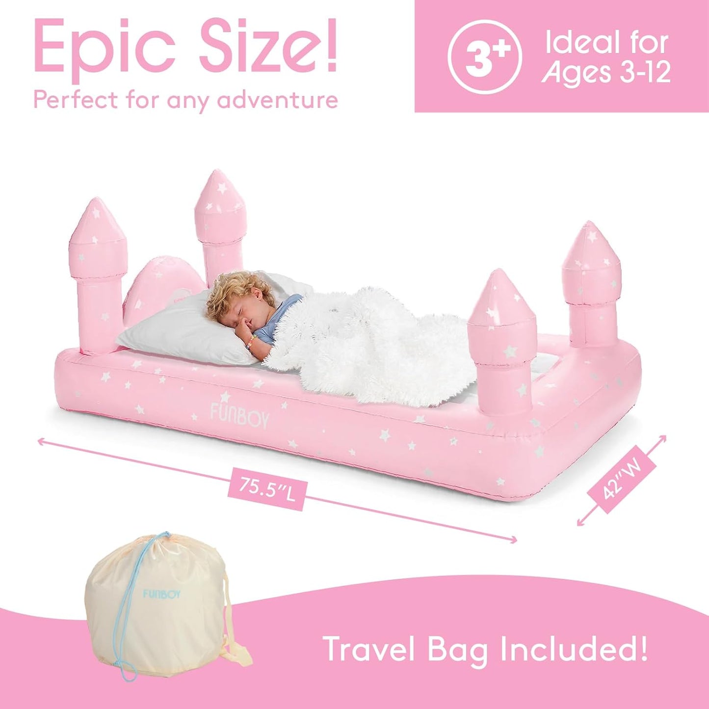 Kids Pink Castle Sleepover Travel Bed & Air Mattress. Perfect for Sleepovers. Includes Carrying Storage Bag, Twin