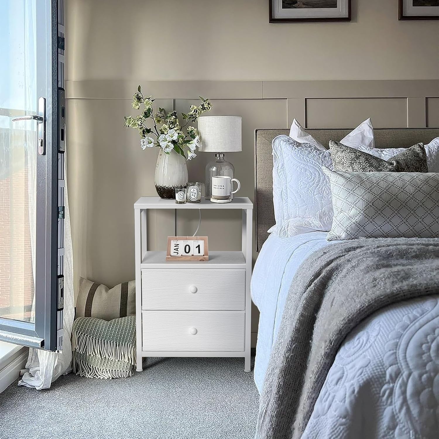 White Nightstand with Charging Station, LED Night Stand with 2 Fabric Drawers, Bedside Table with USB Ports and Outlets, Nightstand for Bedroom Modern