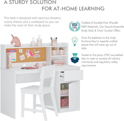 Kids Study Desk with Chair, Kids Desk and Chair Sets with Hutch and Storage Cabinet, Wooden Children Study Table, Student Writing Table Computer Workstation for 5-12 Years Old