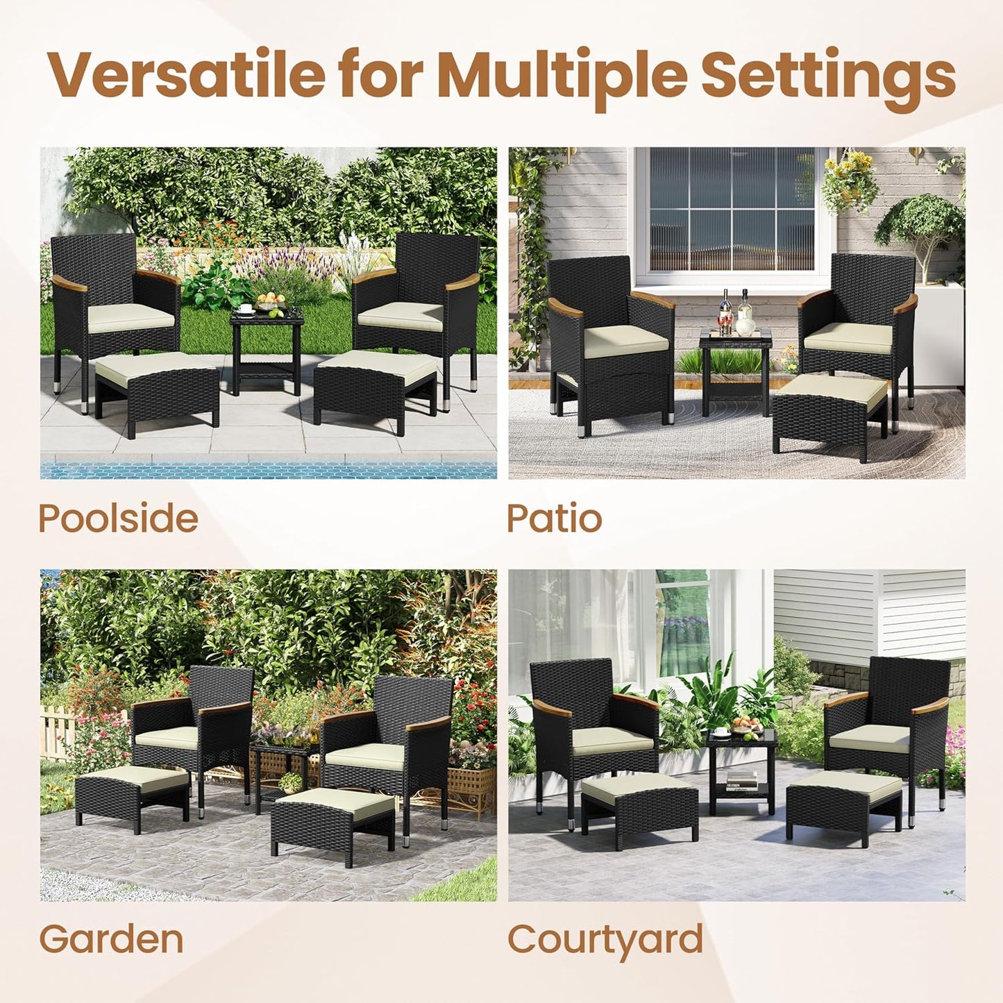 5 Piece Patio Conversation Set, Outdoor Wicker Bistro Furniture, PE Wicker Outdoor Rattan Chairs Set with Coffee Table for Porch, Poolside, Lawn, Garden, Balcony