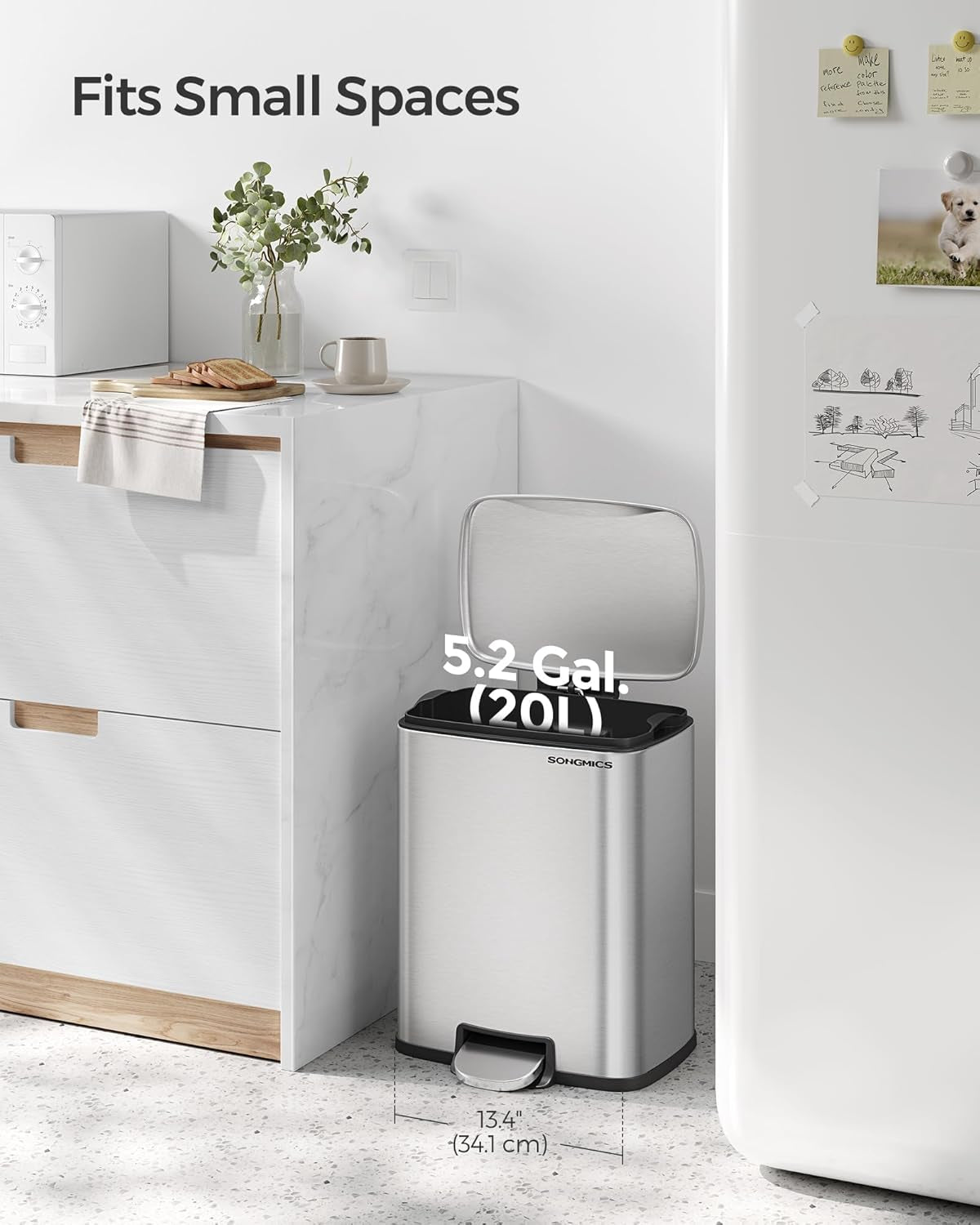 Trash Can, Garbage Can with Lid, 5.2-Gallon (20L) Step Trash Bin for Kitchen, Stainless Steel, Soft Close and Stays Open, Inner Bucket, Includes 15 Trash Bags, Silver ULTB543E01