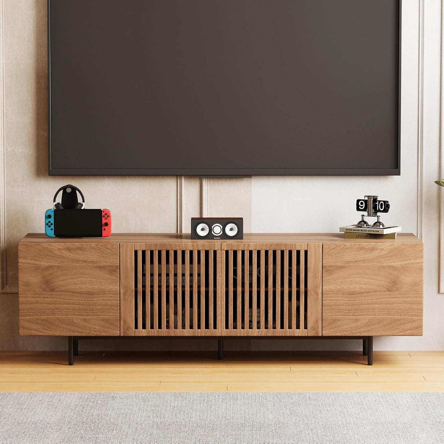 70.87“ Modern TV Cabinet for 70-Inch TV, TV Table with Large Storage Space, TV Cabinet Media Console for Living Room and Bedroom, Walnut Color