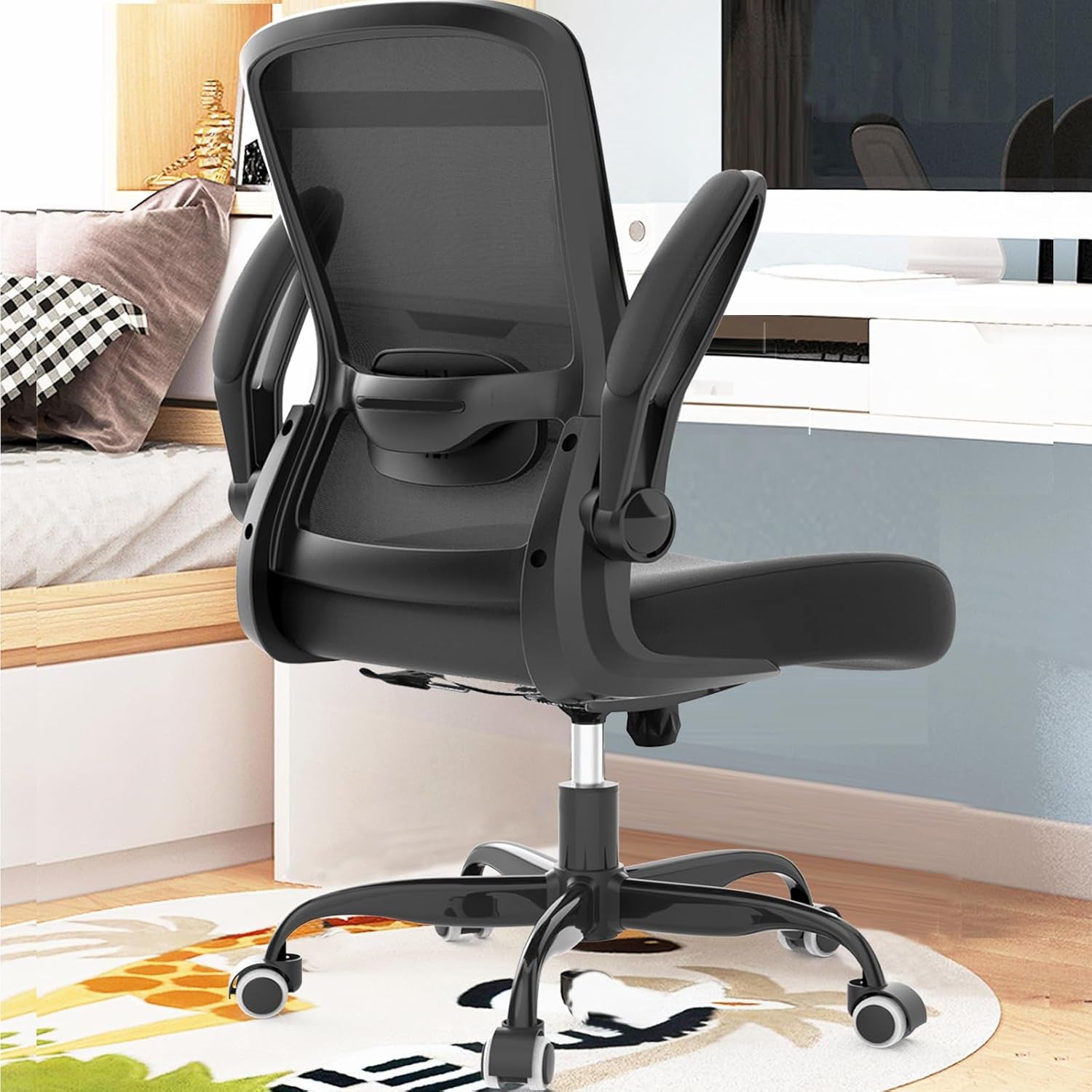 Ergonomic Office Chair - BIFMA Certified, Flip-Up Armrests & 135° Recline, Adjustable Lumbar Support - Space-Saving Task Chair for Business/Team Office & Home (Black, 300Lbs)