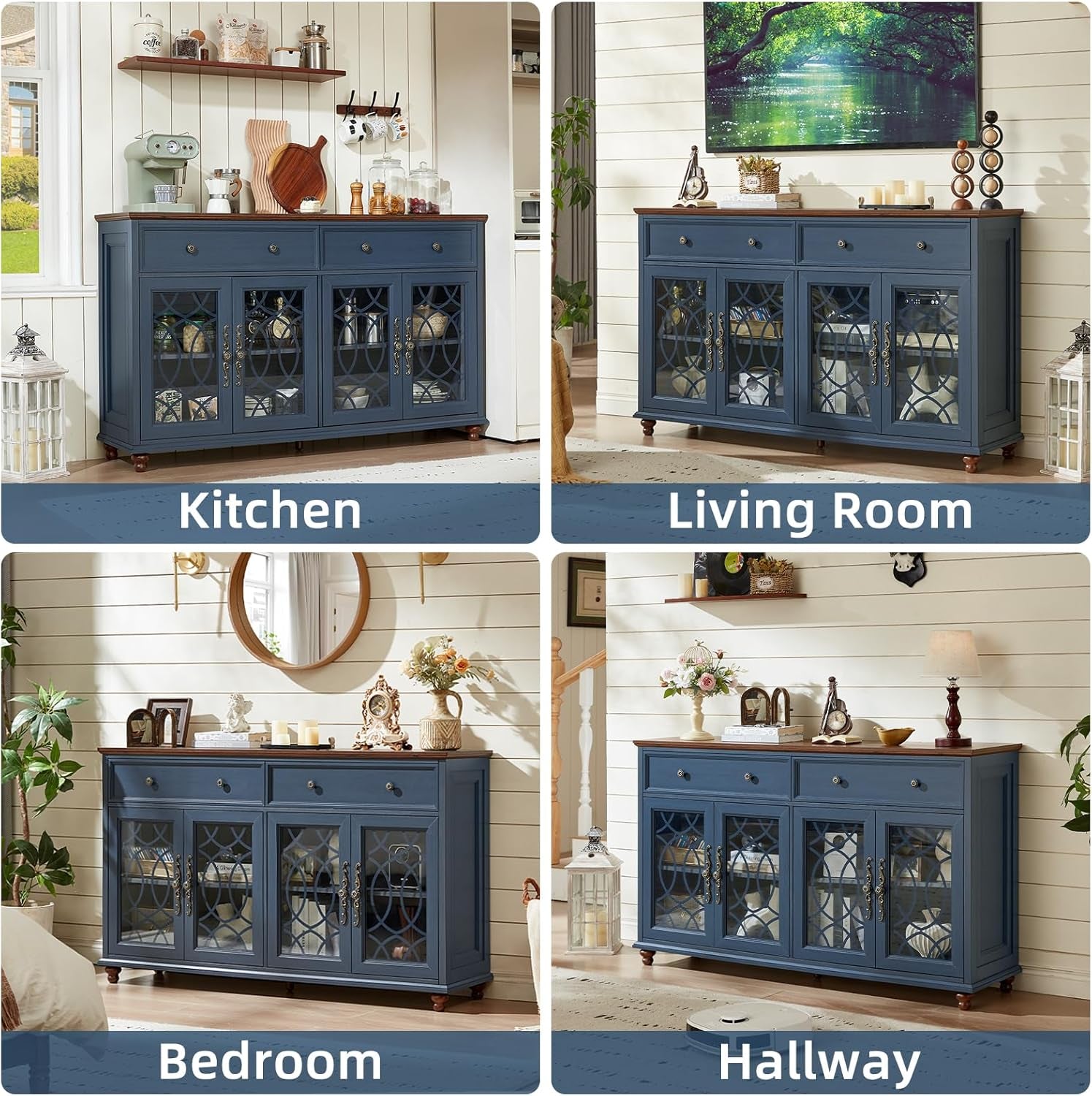 Farmhouse Sideboard Buffet Cabinet with Storage,59" Large Credenza with 4 Glass Doors & 2 Drawers,Adjustable Shelves Console Table,Wood Kitchen Coffee Bar for Dining Room,Living Room,Navy Blue
