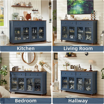 Farmhouse Sideboard Buffet Cabinet with Storage,59" Large Credenza with 4 Glass Doors & 2 Drawers,Adjustable Shelves Console Table,Wood Kitchen Coffee Bar for Dining Room,Living Room,Navy Blue