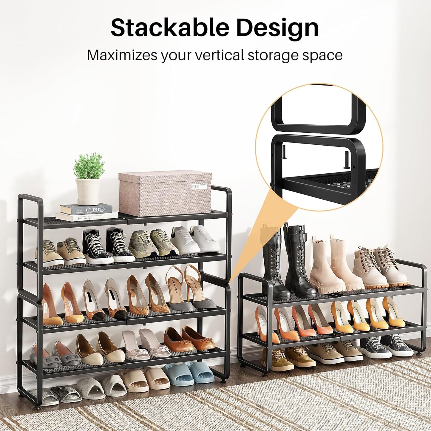 Shoe Rack - Expandable Shoe Organizer for Closet, Adjustable Metal Shoe Shelf Storage, Stackable Long Shoe Stand Holder for Garage, Entryway, Door Entrance (Black, 2-Tier)