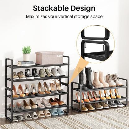 Shoe Rack - Expandable Shoe Organizer for Closet, Adjustable Metal Shoe Shelf Storage, Stackable Long Shoe Stand Holder for Garage, Entryway, Door Entrance (Black, 2-Tier)