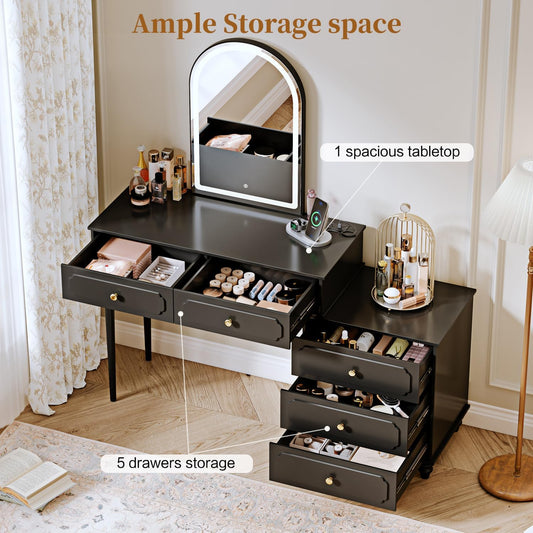 Black,Vanity Desk with Mirror and Lights,Makeup Vanity with Power Outlet and Adjustable Cabinet,Modern Makeup Table with 3 Drawers for Bedroom Makeup Room